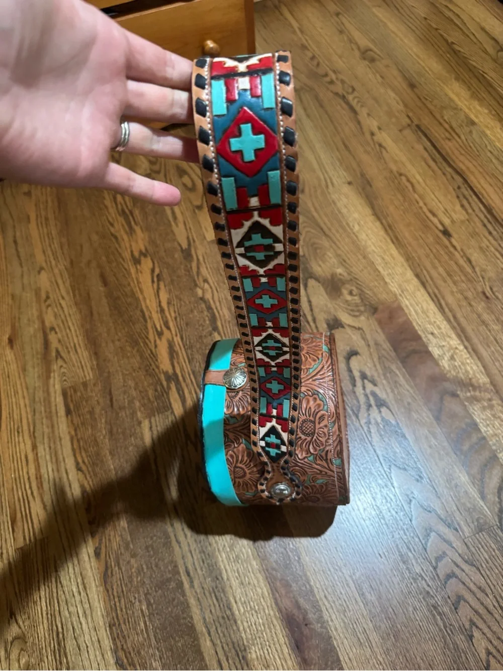Handmade Turquoise Round Leather Crossbody Bag with Rodeo Motif